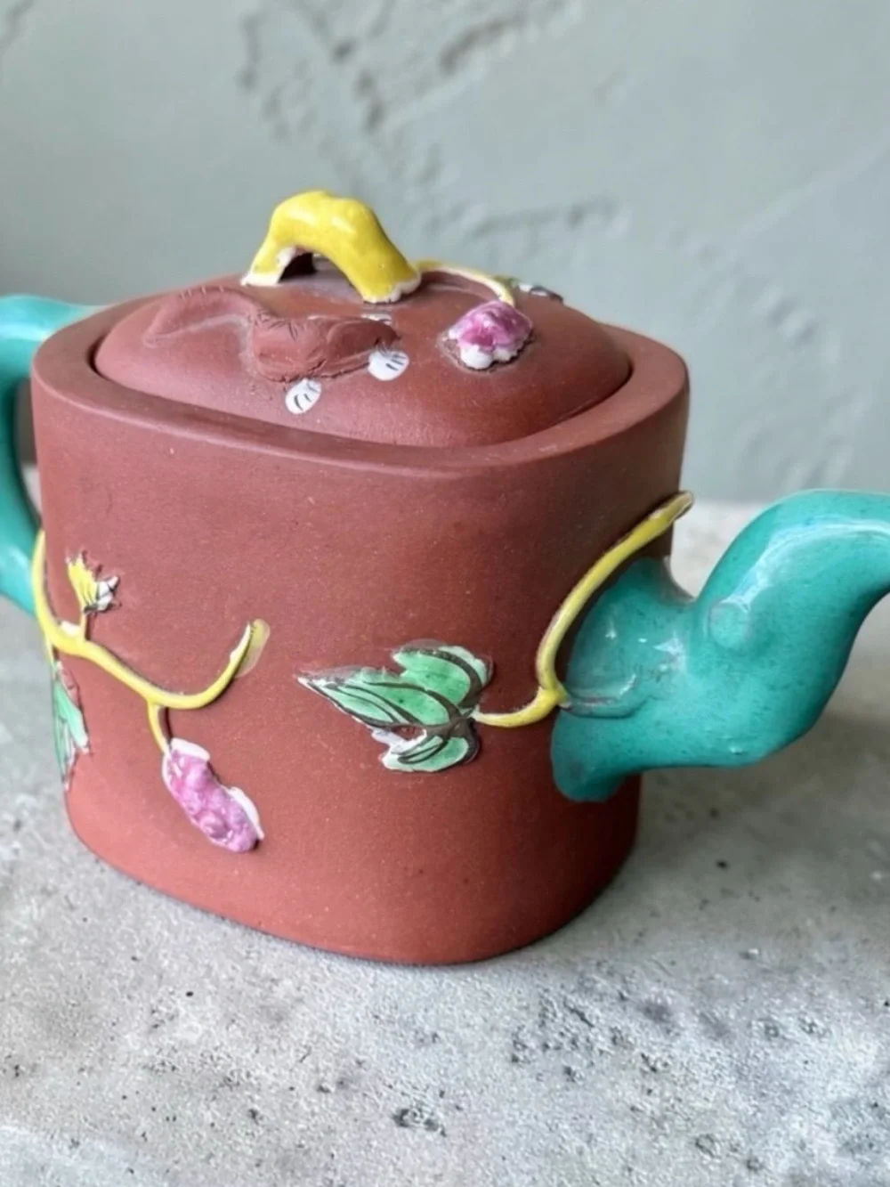 CURATED Yixing Zisha Clay Teapot Grape Vine Relief Turquoise Spout Handle Signed